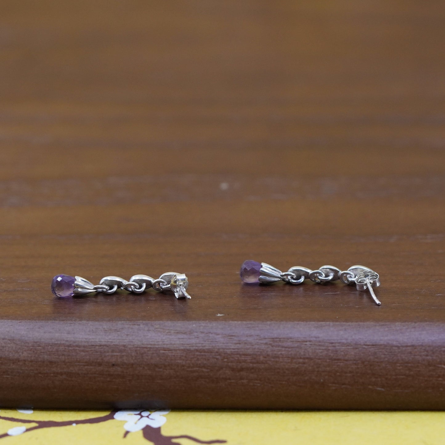 Vintage Sterling 925 silver handmade teardrop earrings with amethyst