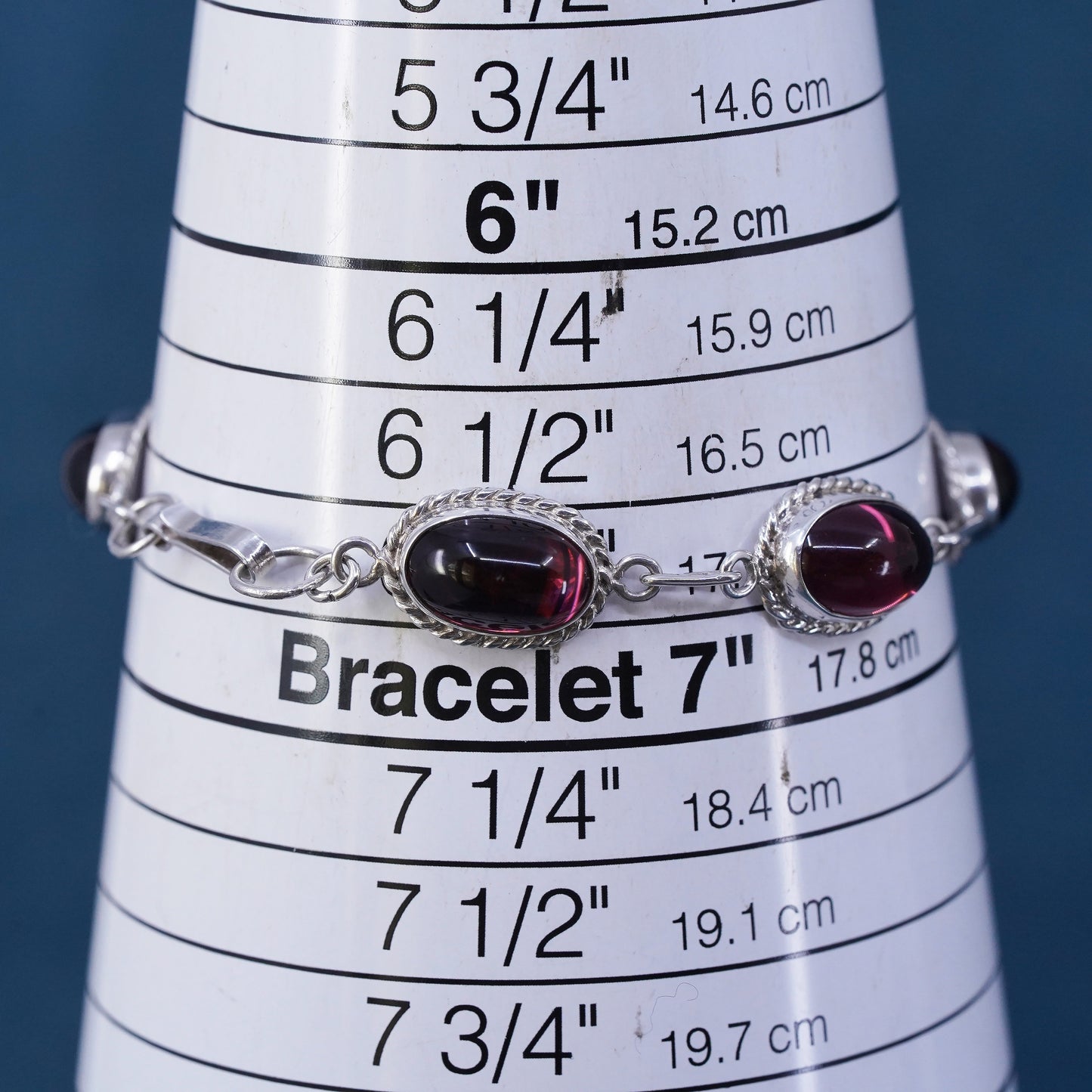 6.75", vintage Sterling 925 silver tennis bracelet with garnet