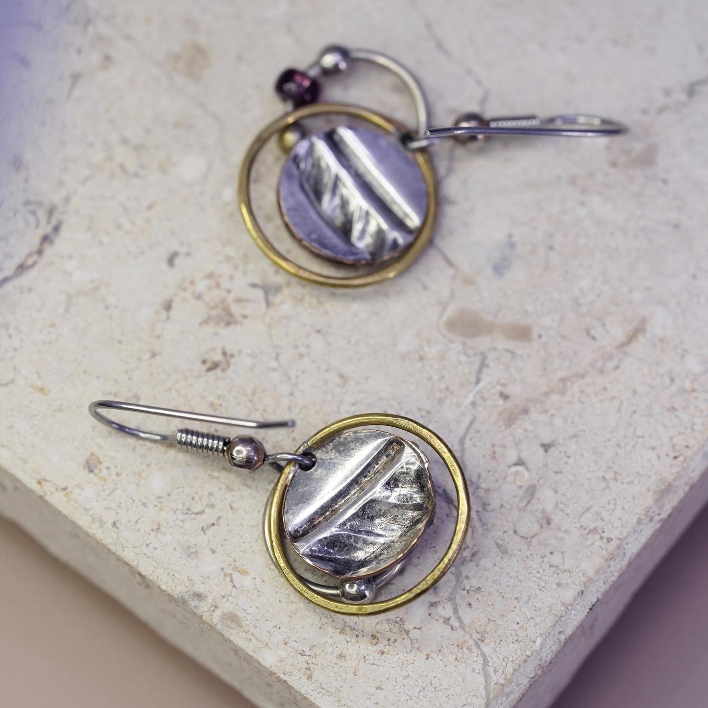 Vintage Two Tone Sterling silver handmade earrings, 925 disc w/ beads and brass