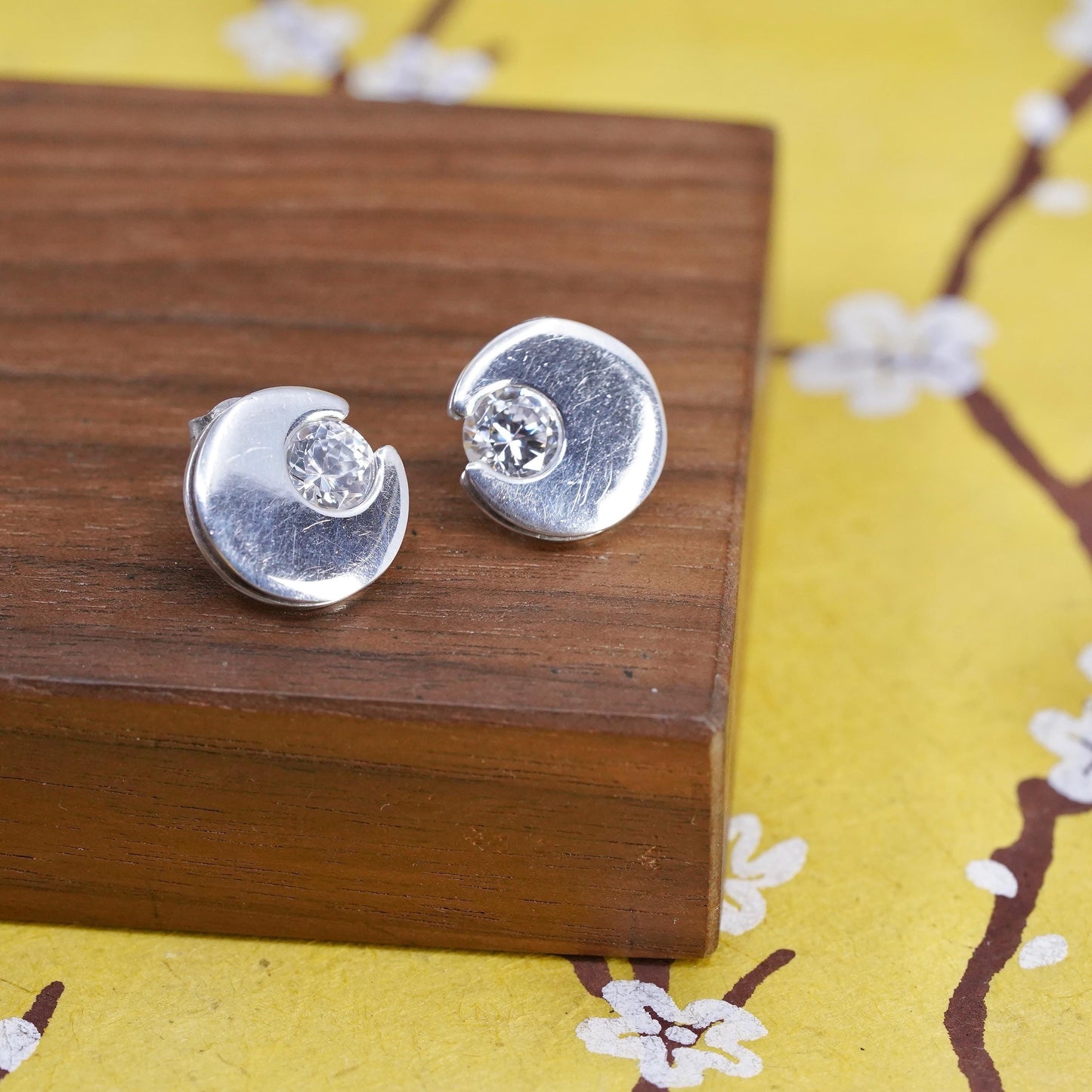 vintage Sterling silver handmade studs, circle moon earrings cz