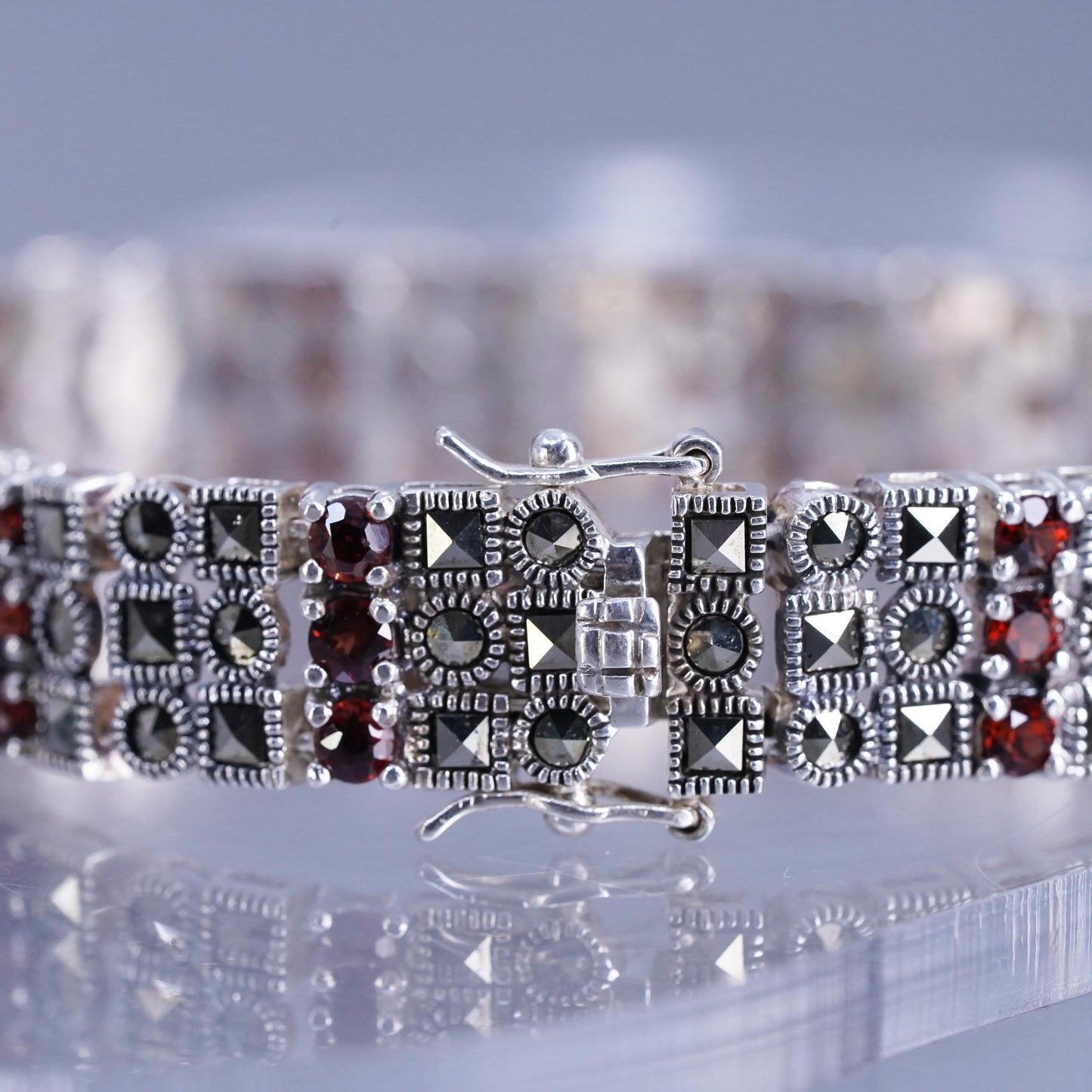 7”, Sterling 925 silver handmade tennis bracelet with garnet and marcasite