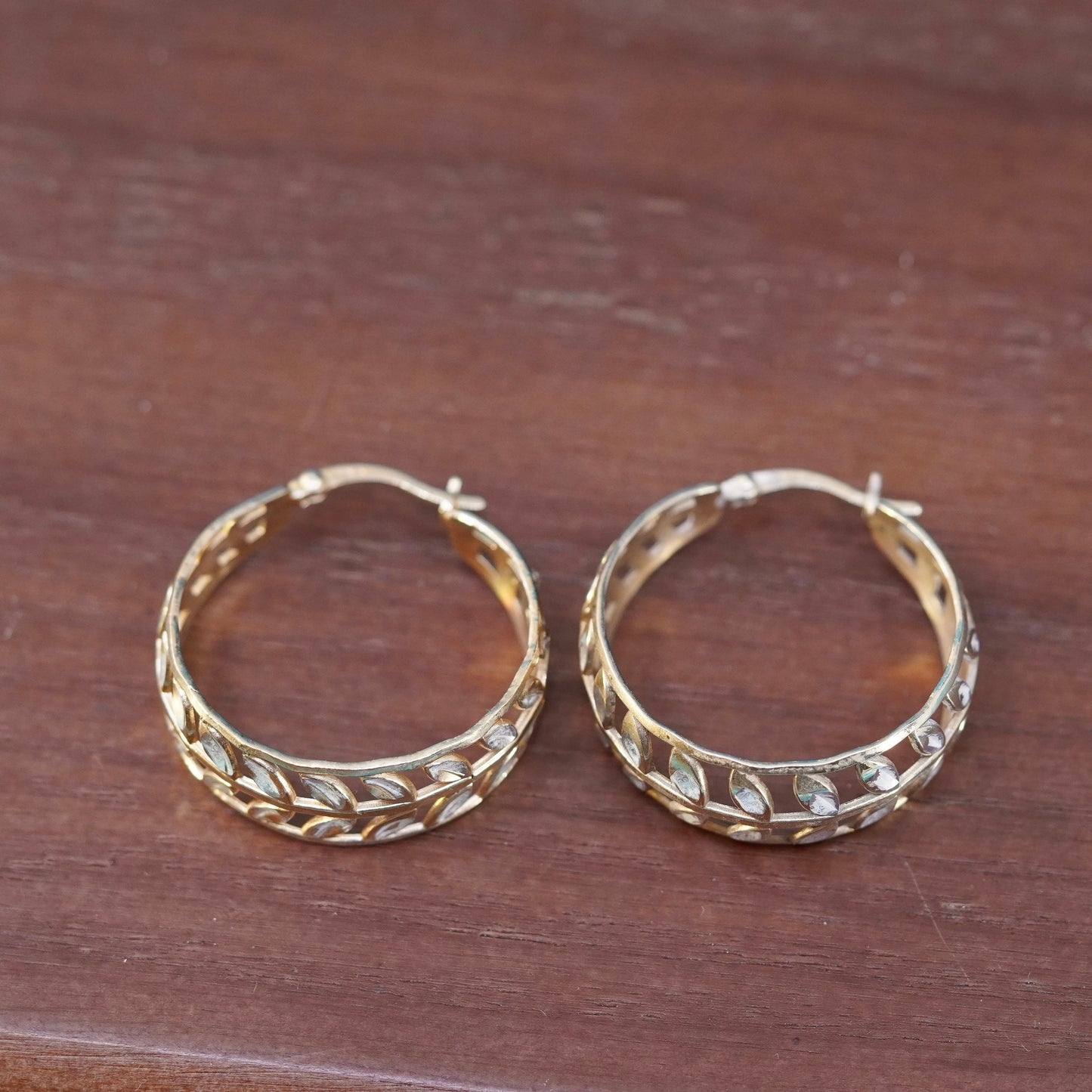 1”, vintage vermeil gold over Sterling silver earrings, 925 leafy hoops