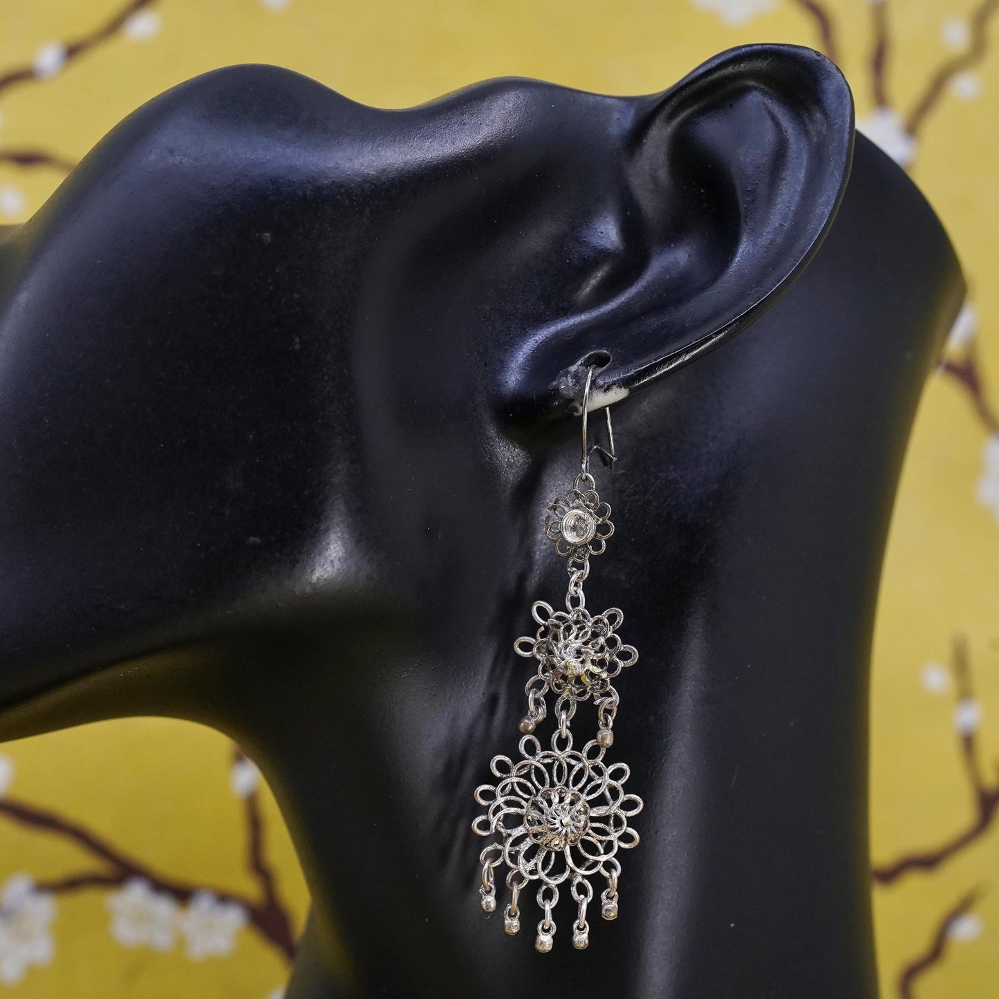 Vintage Sterling 925 silver handmade filigree flower long earrings
