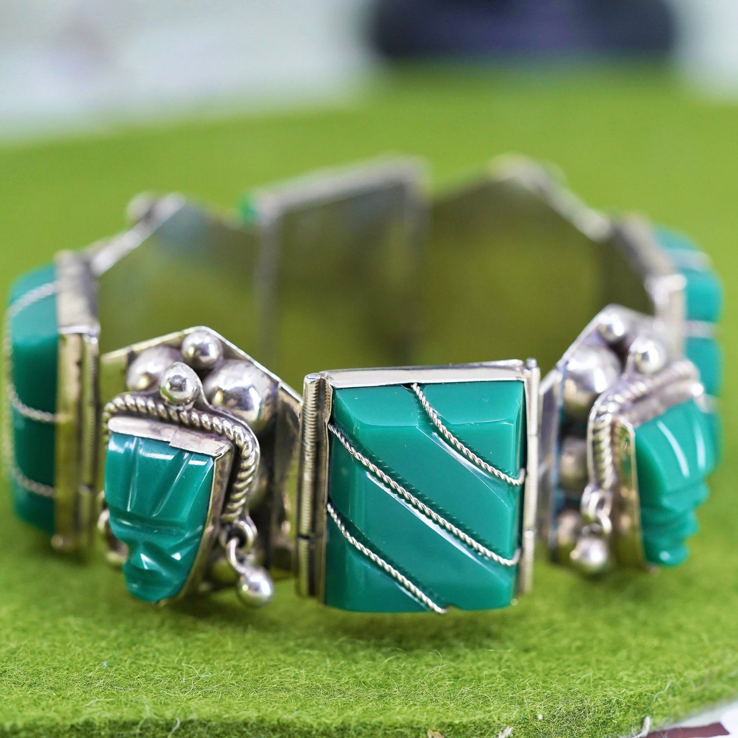 6.25", taxco vintage sterling silver bracelet, 925 cuff warrior face jade