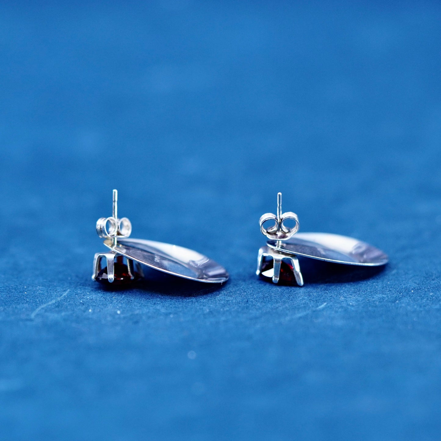 Vintage Sterling silver handmade earrings, 925 teardrop studs with ruby