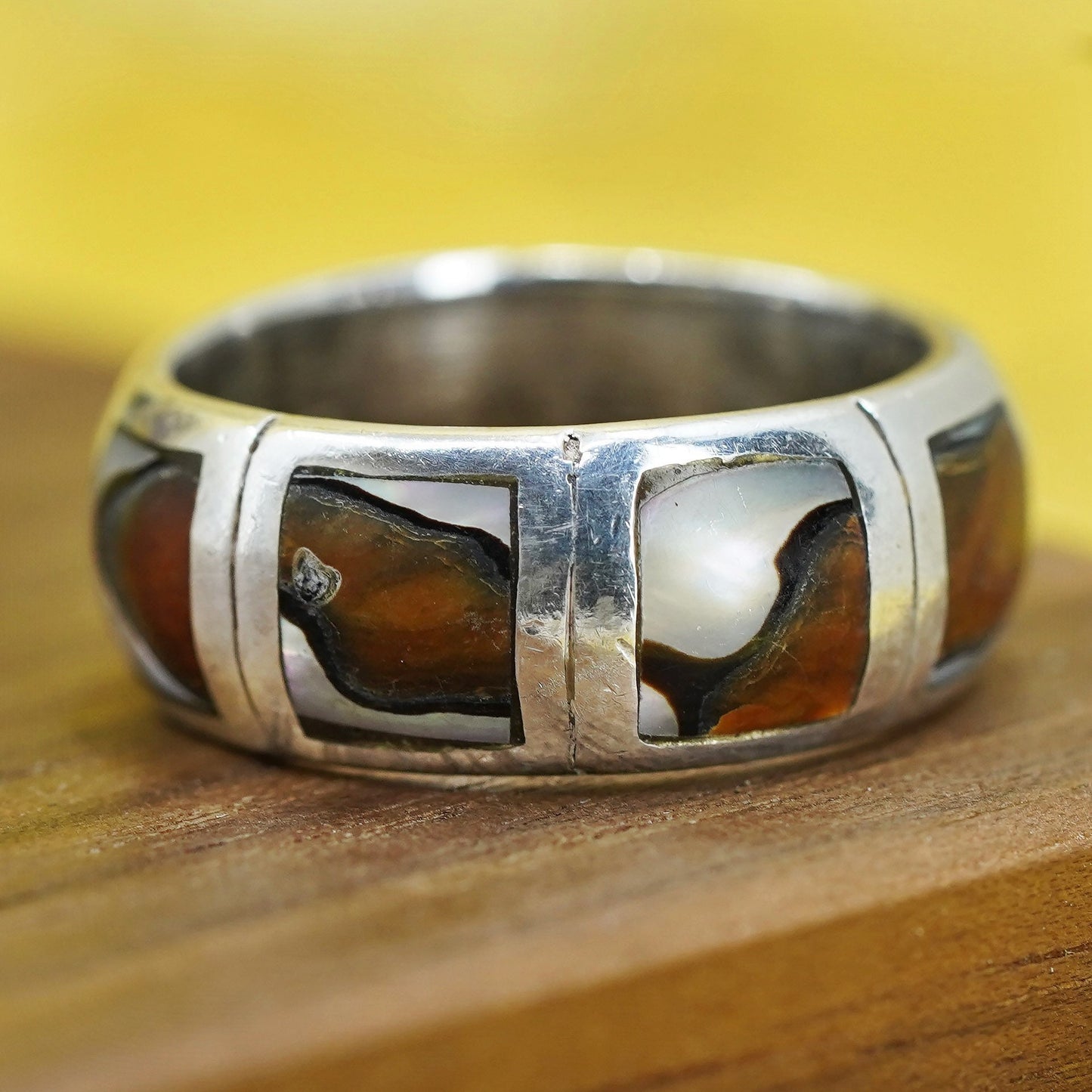 Size 7, vintage sterling silver handmade ring, 925 wide band with abalone