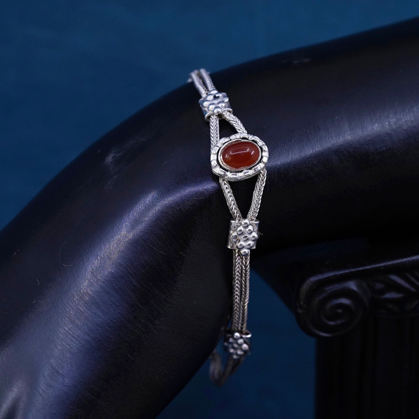 7”, vintage Sterling silver handmade bracelet, 925 wheat chain with carnelian