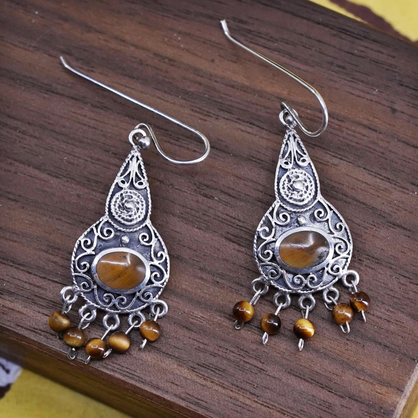 Sterling silver earrings, 925 filigree teardrop cluster golden tiger eye beads