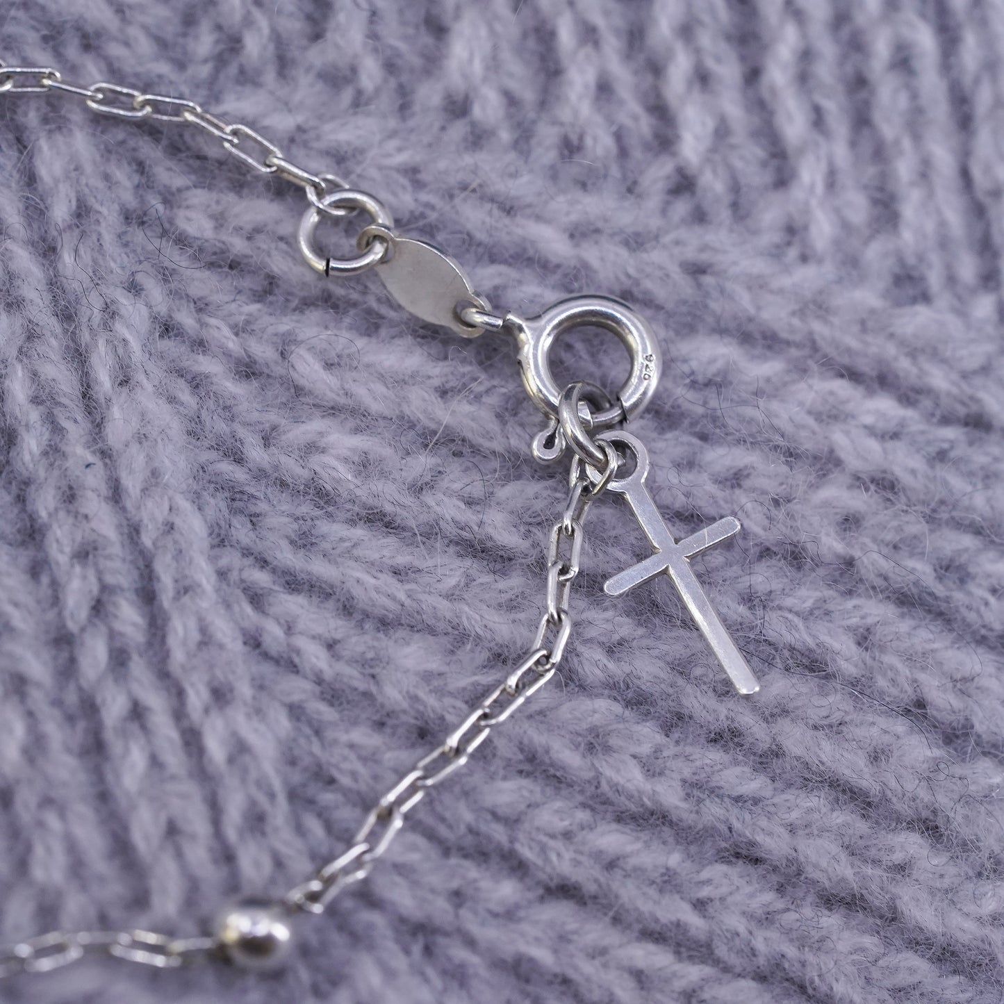 7.75", vintage Sterling silver handmade bracelet, 925 beads chain cross charm