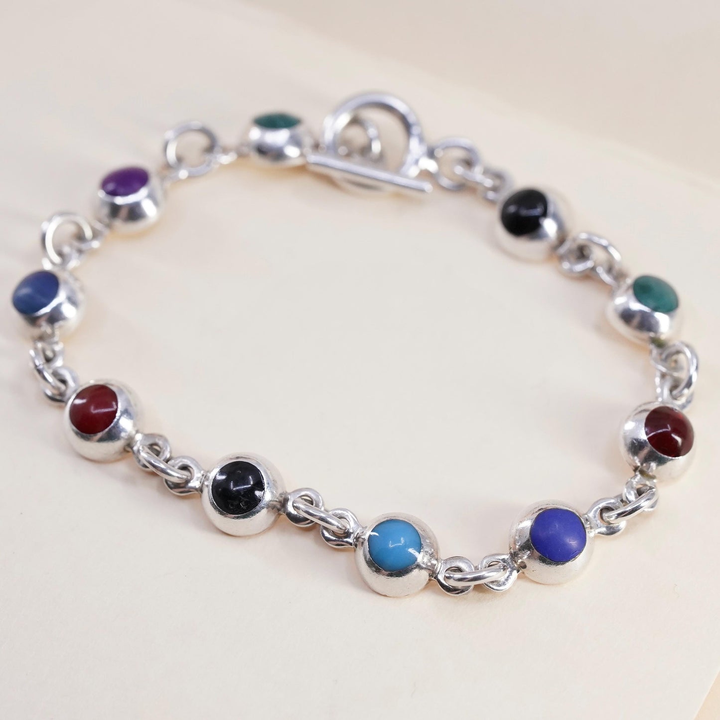 6.25” VTG Sterling 925 Silver Multi Gemstone Bracelet, Turquoise carnelian Onyx