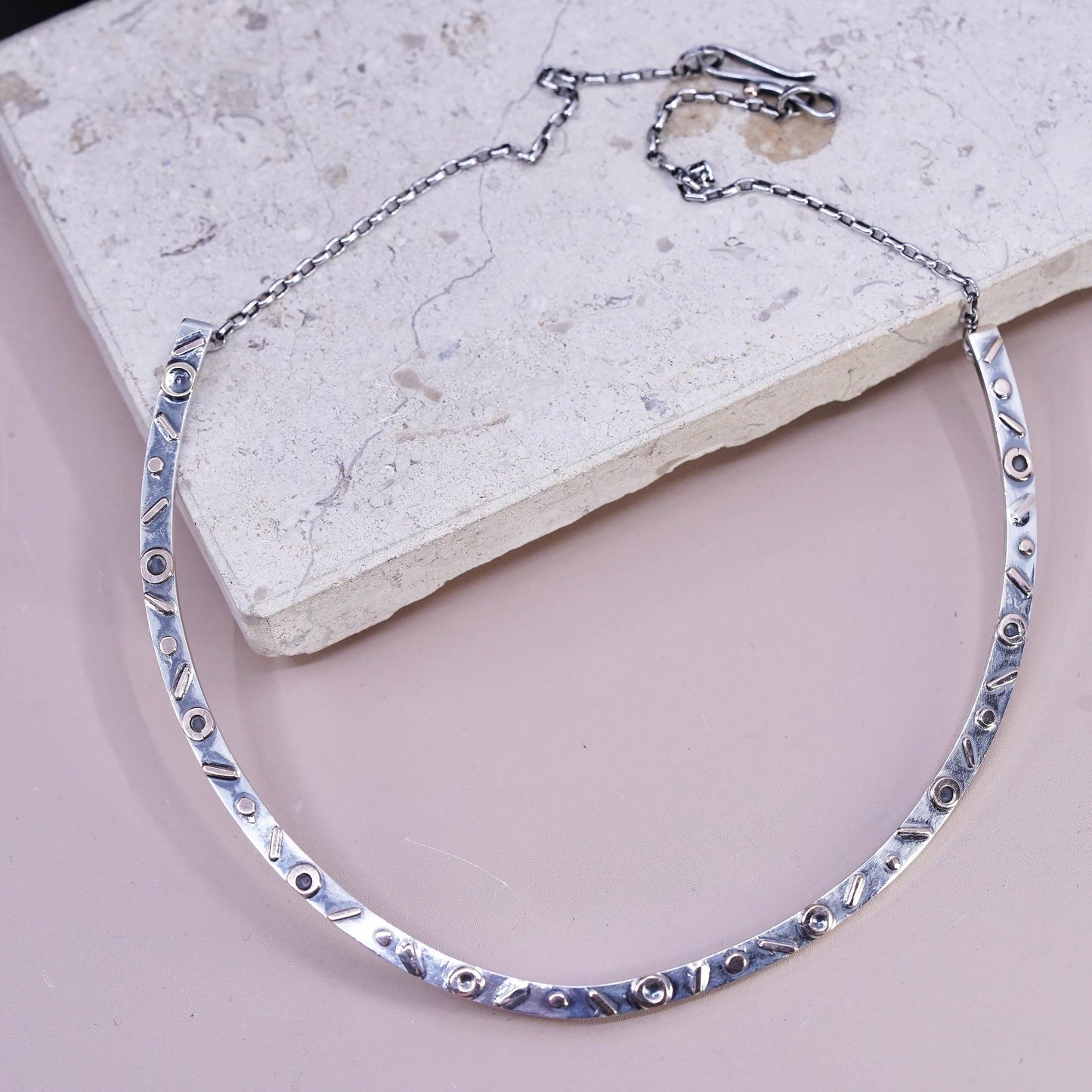 16", European two tone Sterling silver necklace, 925 choker collar elongated