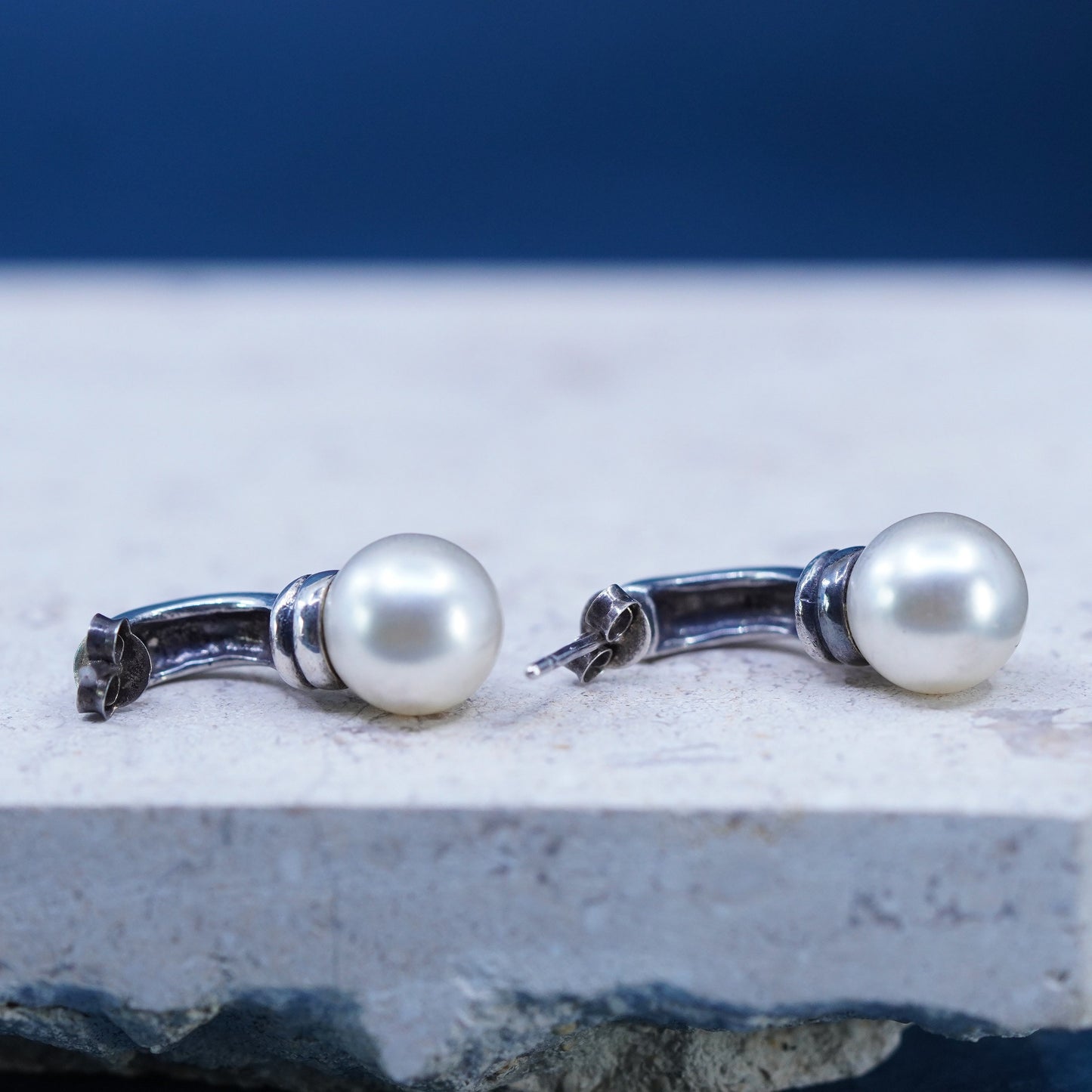 Vintage sterling silver handmade earrings, 925 studs with pearl