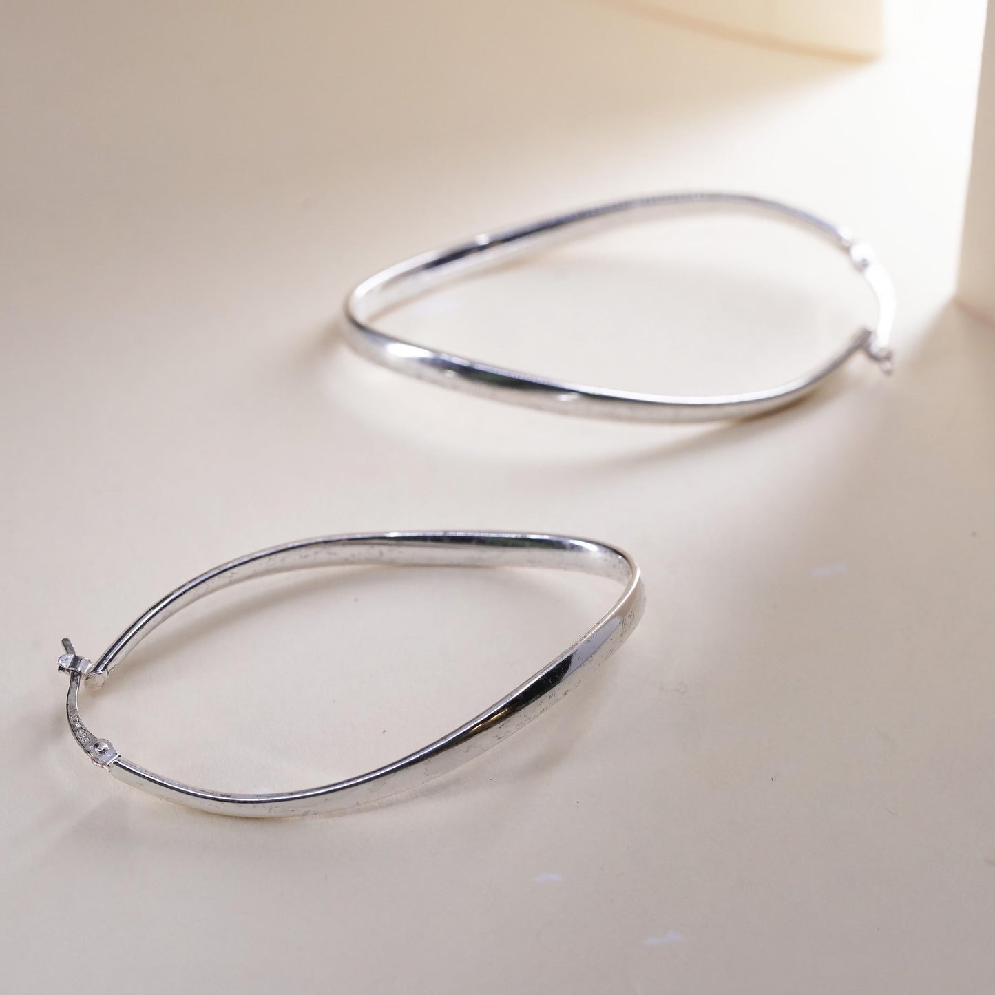 2.25”, Vintage sterling silver loop earrings, minimalist twisted oval hoops
