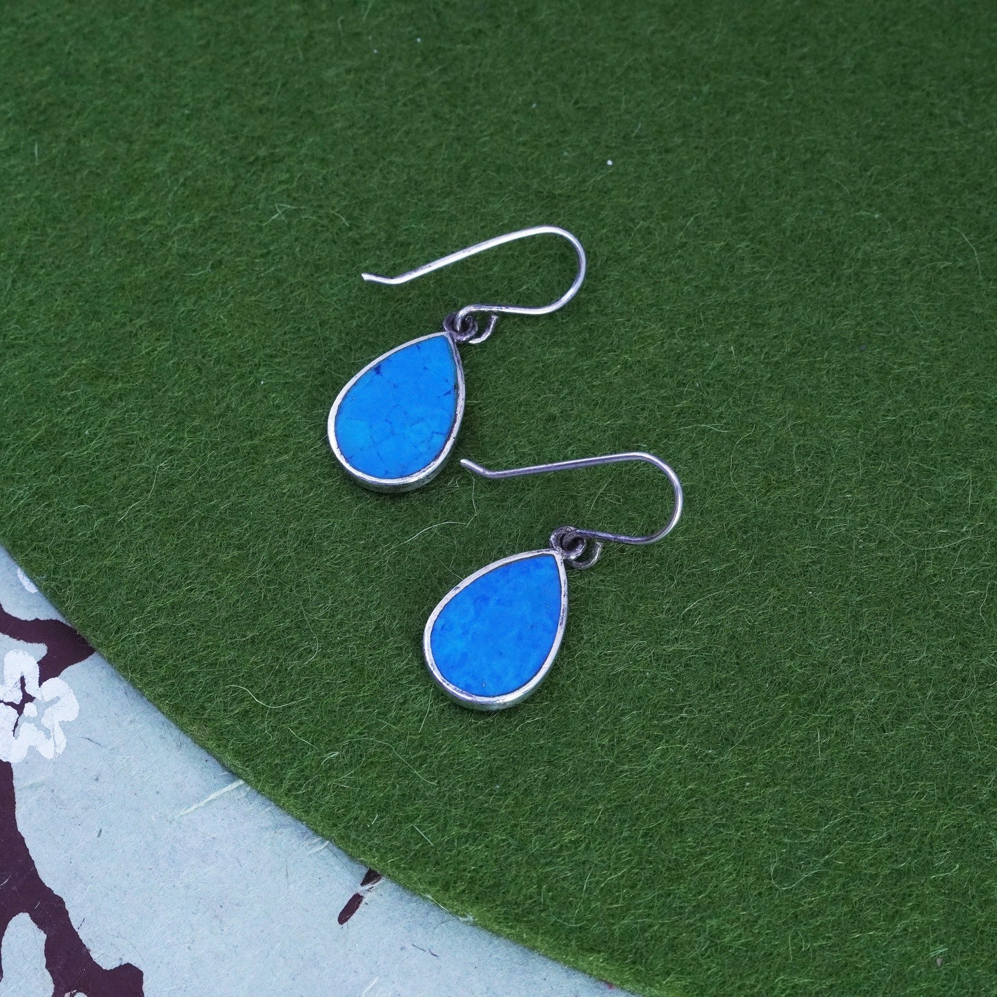 Vintage sterling 925 silver handmade teardrop earrings with blue turquoise