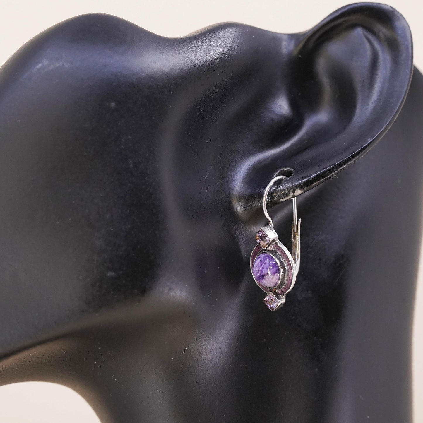 Southwestern sterling silver 925 single earring with amethyst and lever back