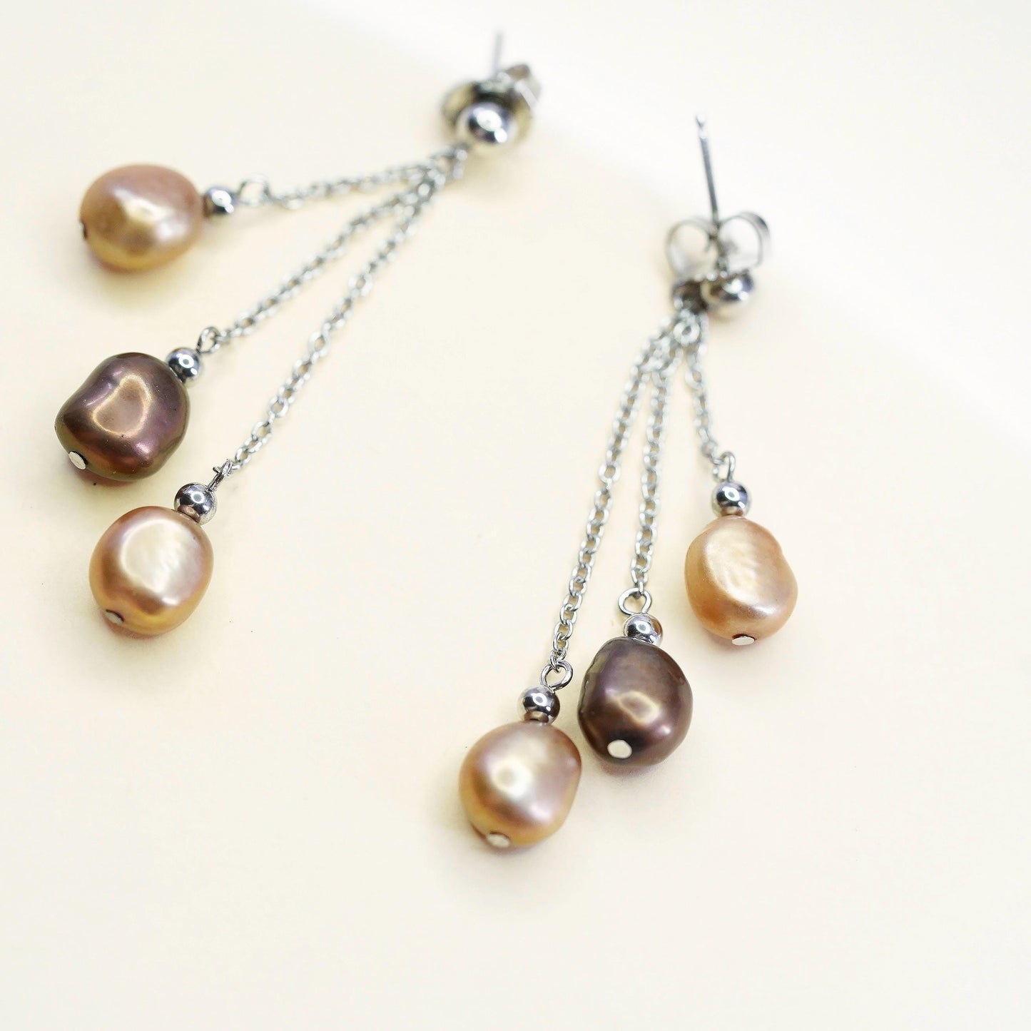 Vintage Sterling 925 silver fringe earrings with oval dyed freshwater pearl