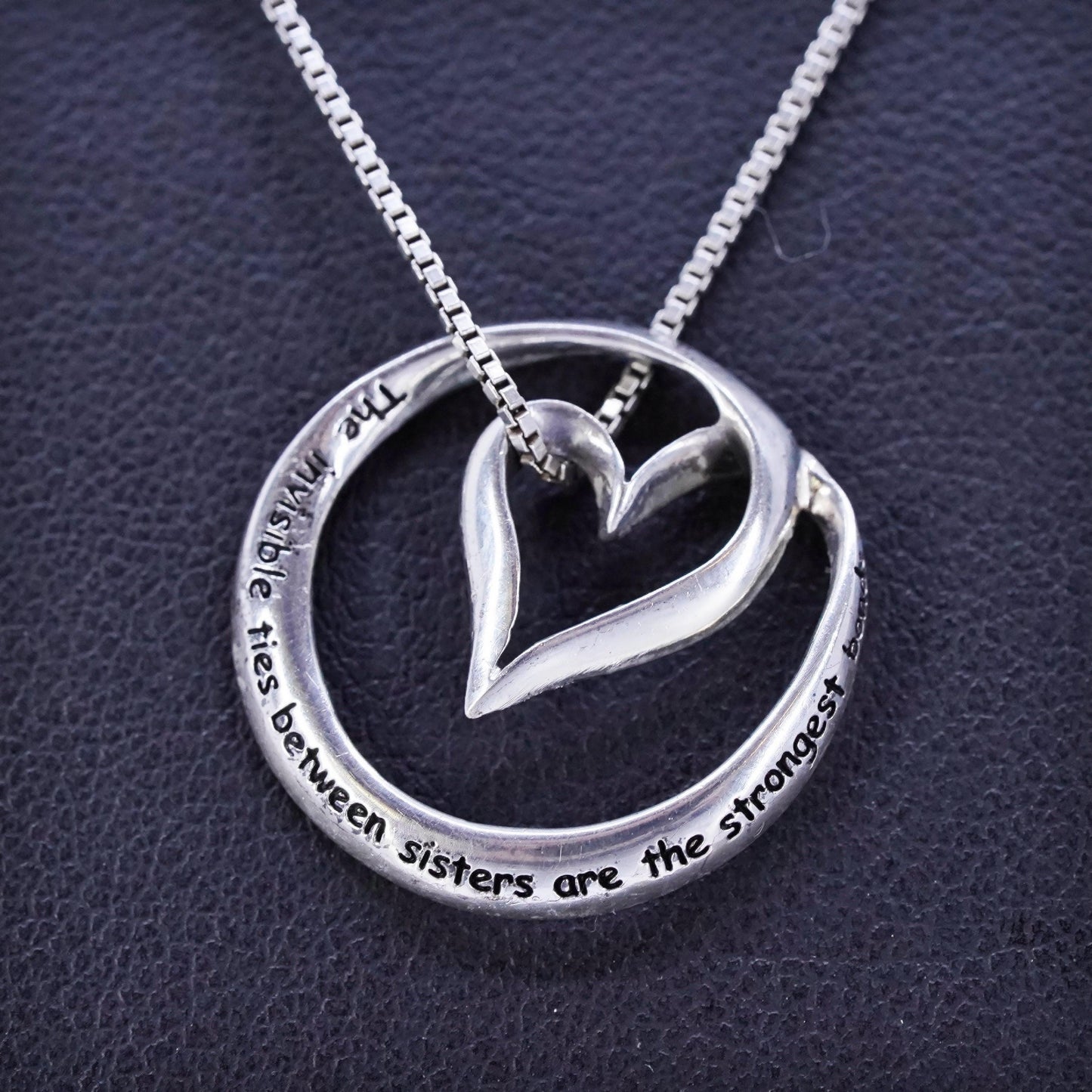 18”, vintage Sterling 925 silver handmade box necklace with heart pendant