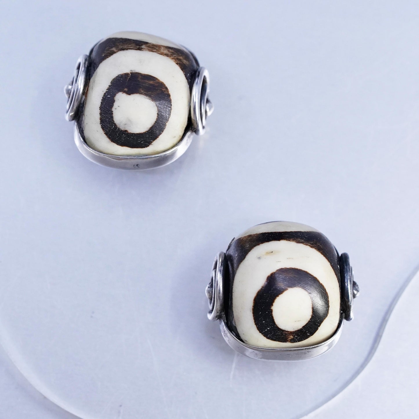 Artisan SIGNED David Sterling 925 Silver Handmade Dzi Gemstone Clip Earrings