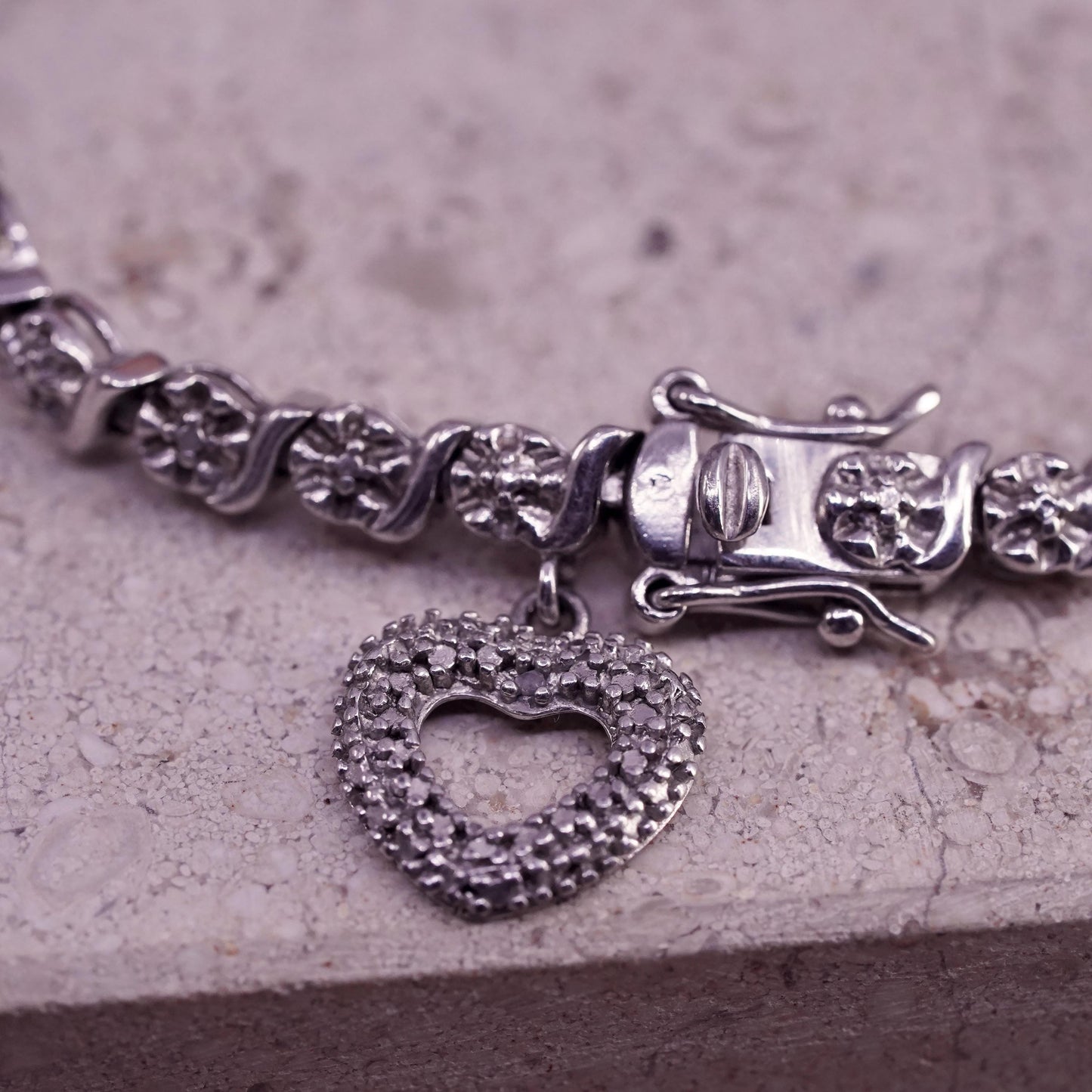 7", vintage sterling 925 silver tennis floral bracelet with diamond details