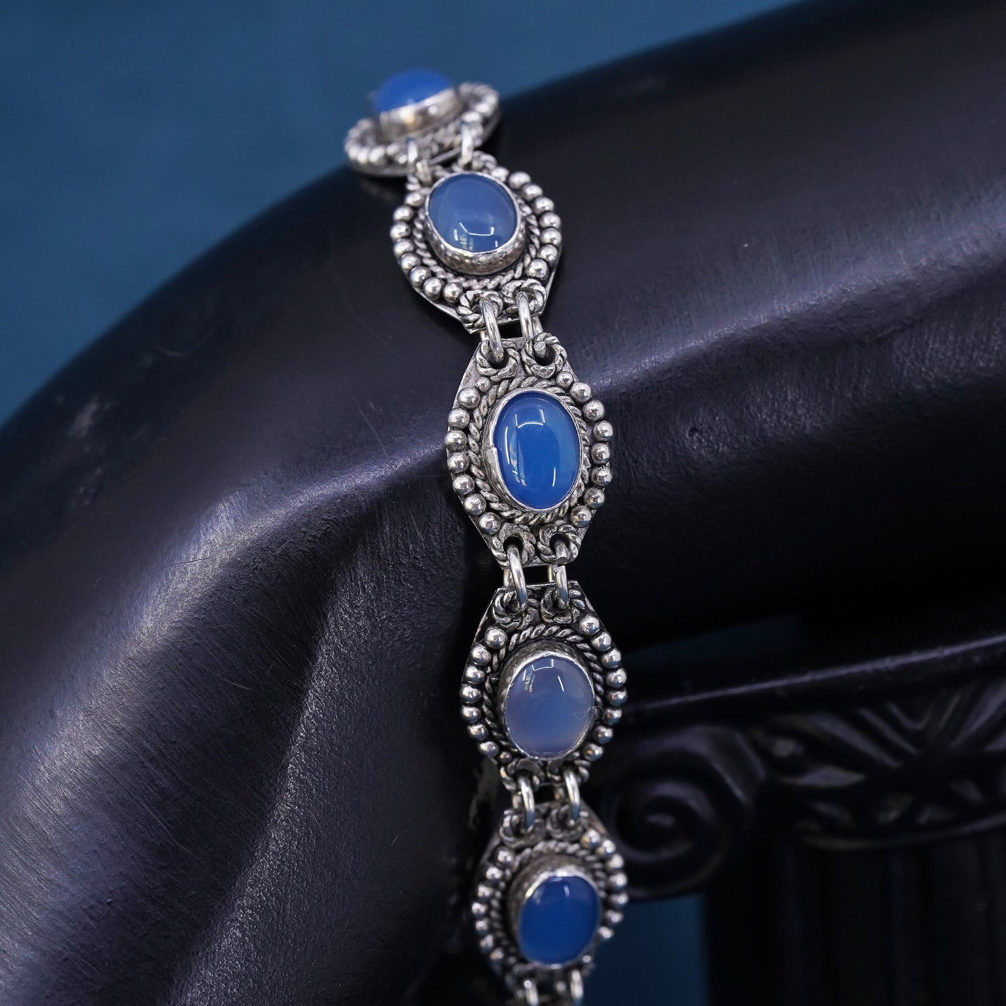 6.75", Sterling silver handmade bracelet, 925 beads links chain blue crystal