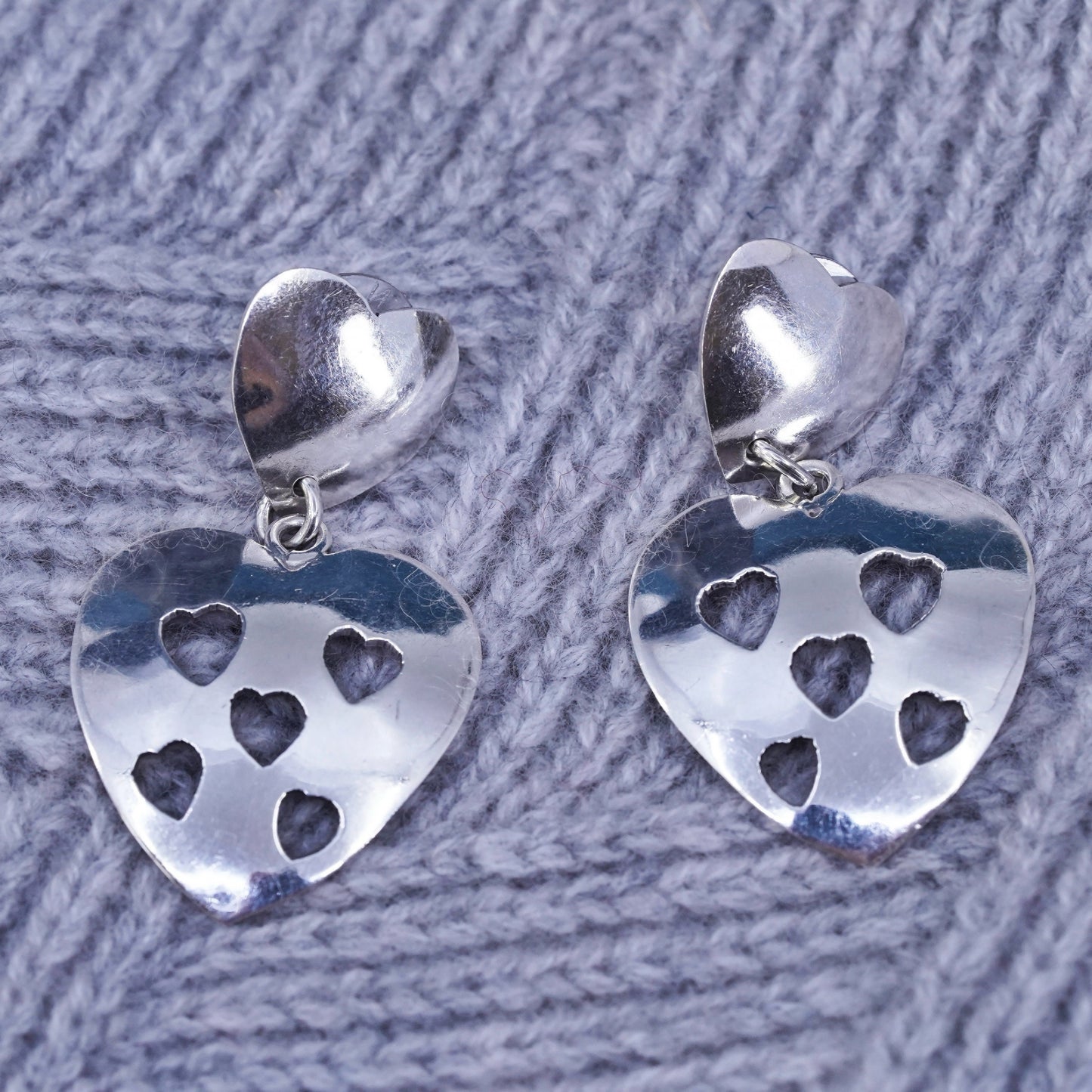 Mexican Sterling silver handmade earrings, 925 heart dangles with heart cut out
