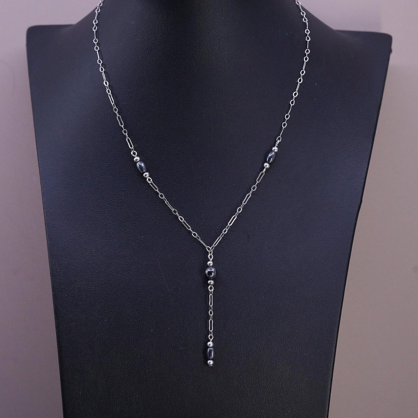 16", vintage Sterling silver necklace, 925 elongated chain hematite beads