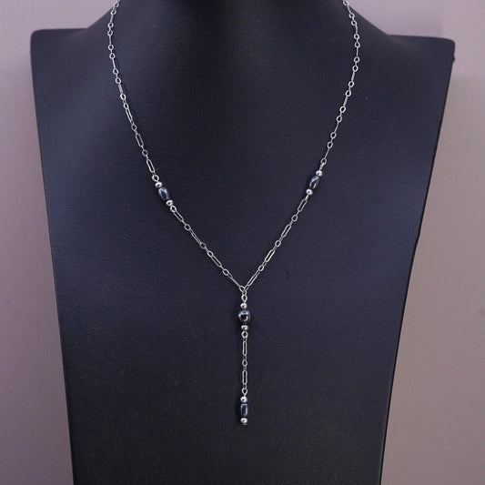 16", vintage Sterling silver necklace, 925 elongated chain hematite beads