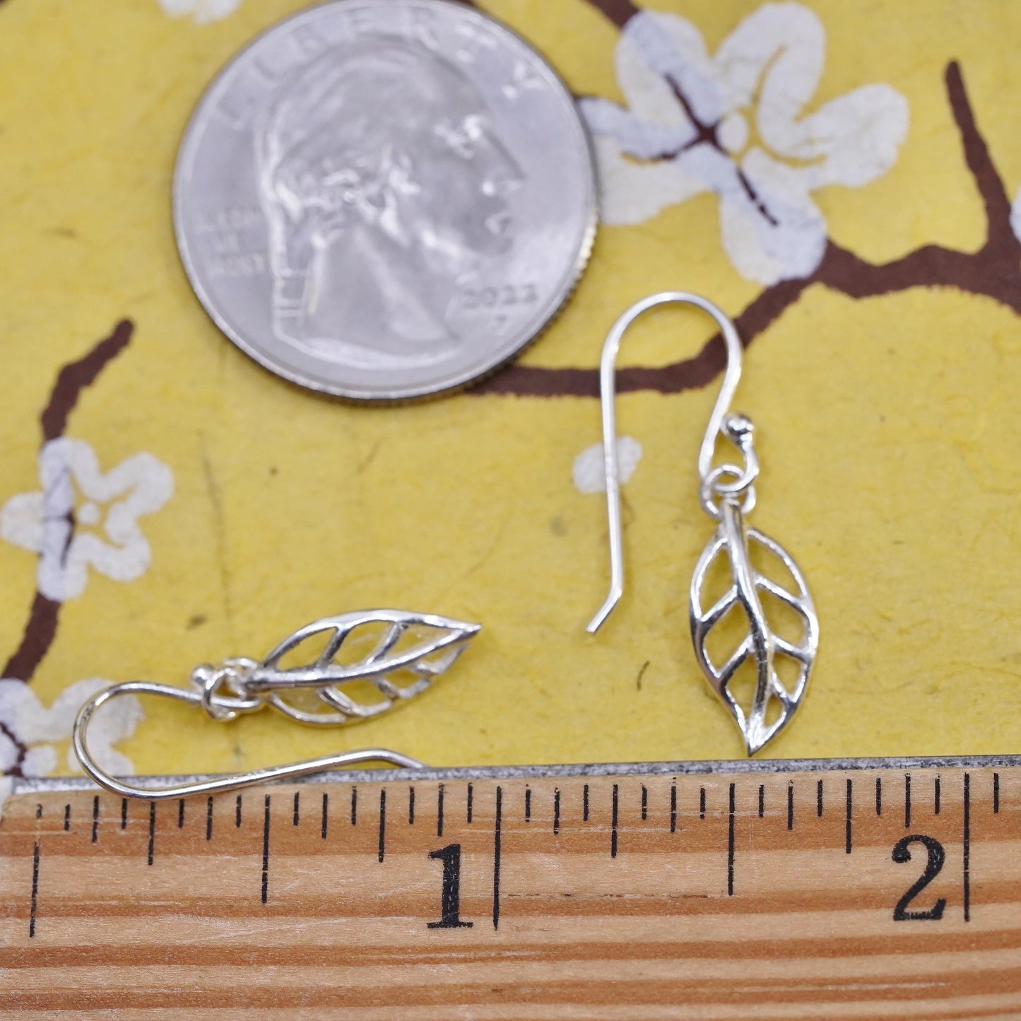 Vintage Sterling silver handmade earrings, 925 leaf dangles