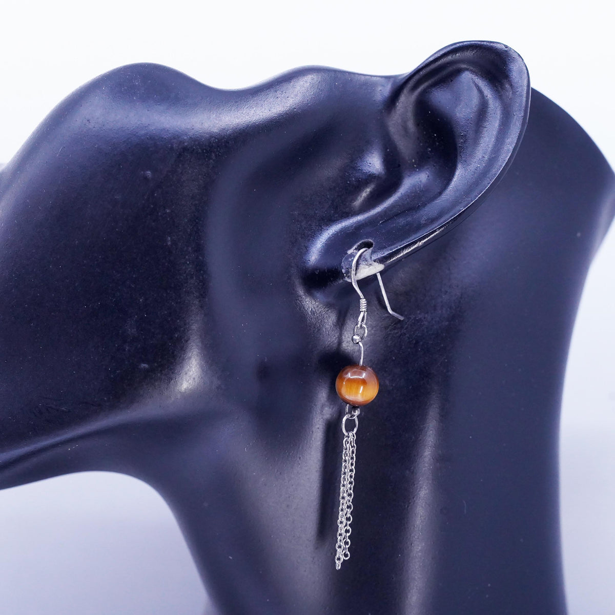 VTG Sterling Silver Handmade long chain Earrings, 925 Golden Tiger Eye beads