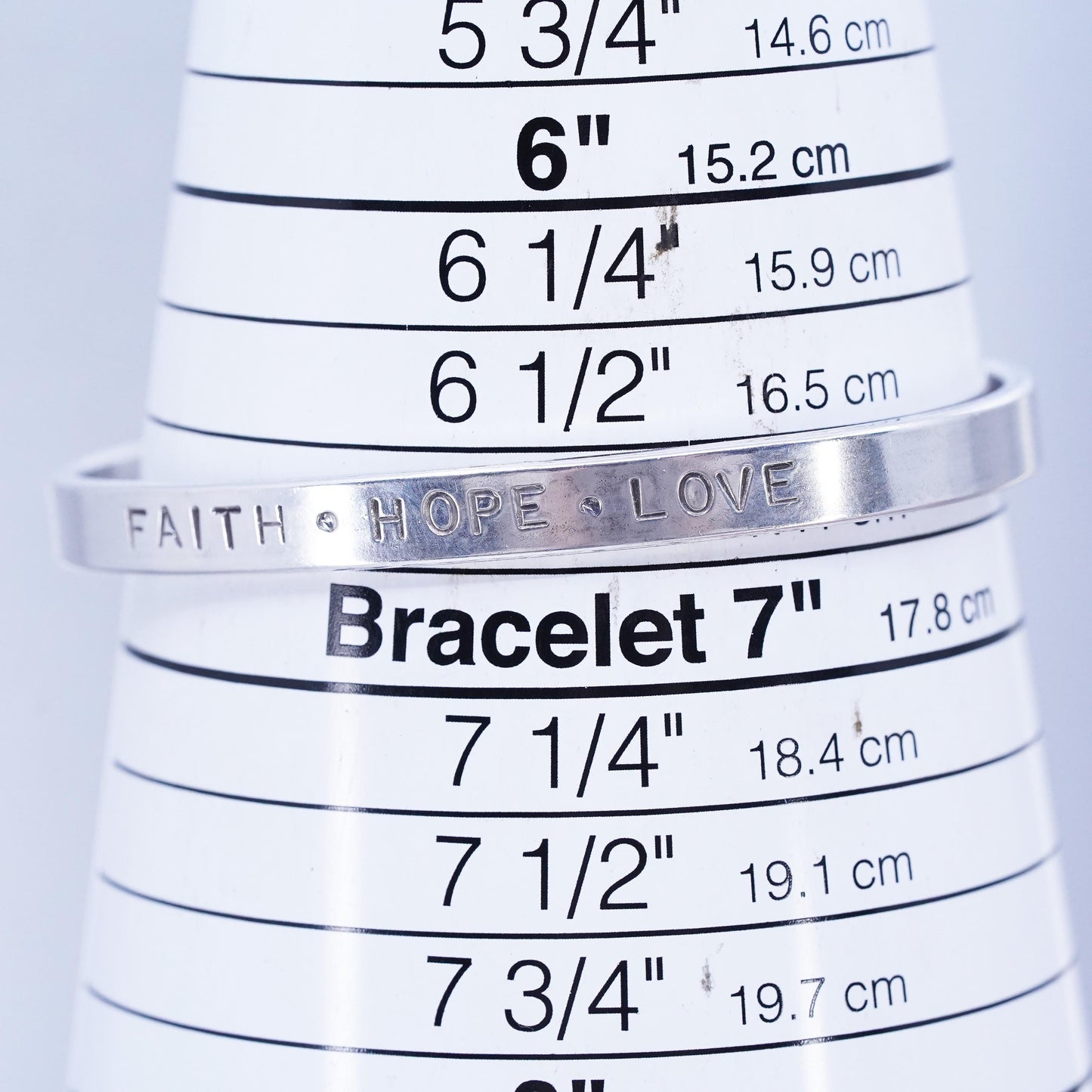 6.75”, southwestern Sterling 925 silver bracelet, quote cuff “faith hope love