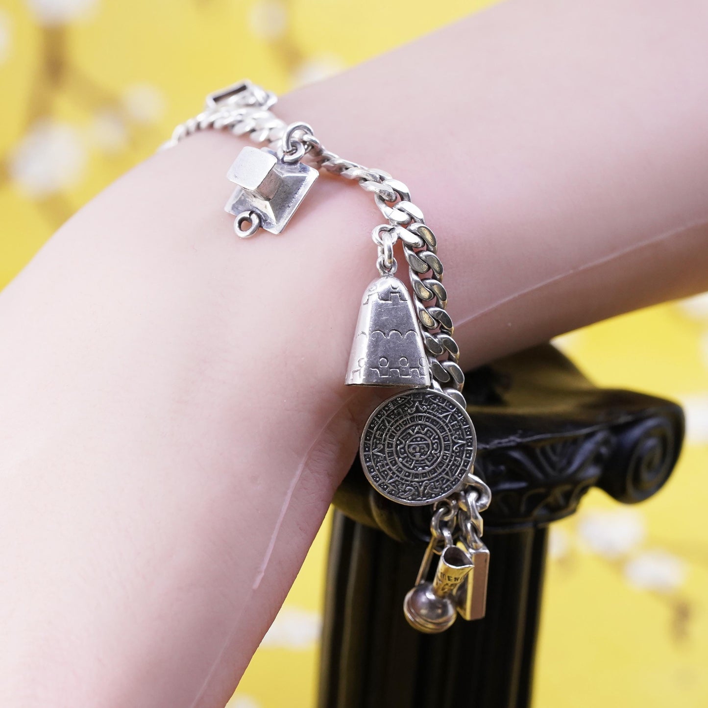 5”, Mexico Sterling Silver 925 Sombrero Mayan calendar sandal Charm Bracelet
