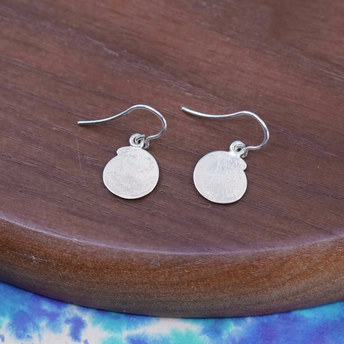 Vintage Sterling 925 silver handmade tag earrings with swirly dangle