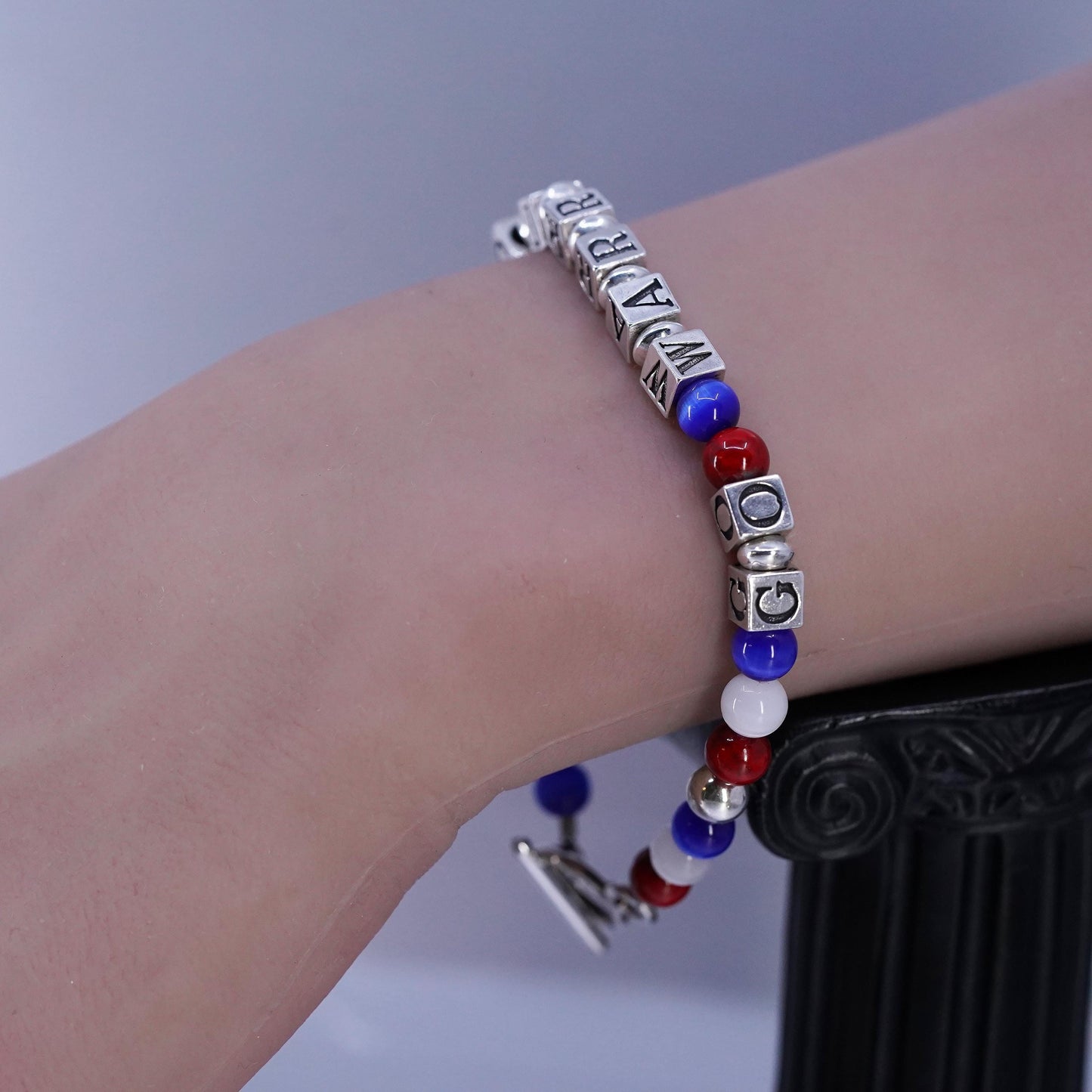 7", Sterling 925 silver bracelet cube letter "Go Warrior", cat eye beads charm