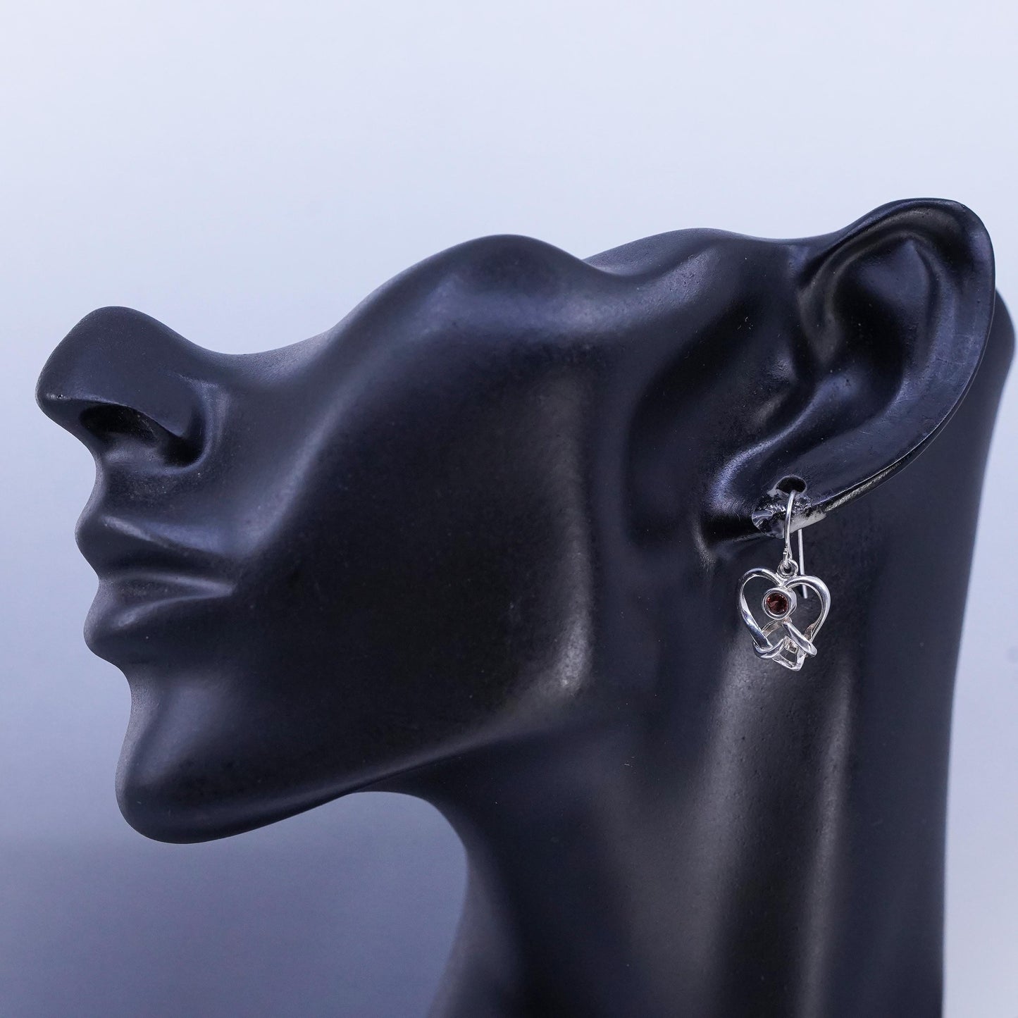 Vintage Sterling 925 silver heart earrings with garnet