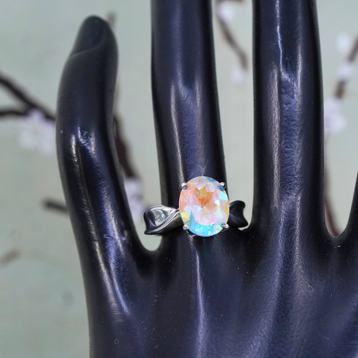 Size 7.75, vintage Badavici Sterling 925 silver handmade ring rainbow tavalite
