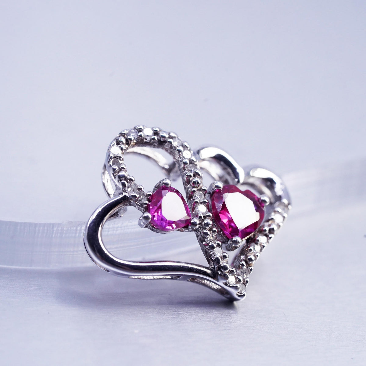 Vintage sterling 925 silver double heart pendant with diamond and ruby