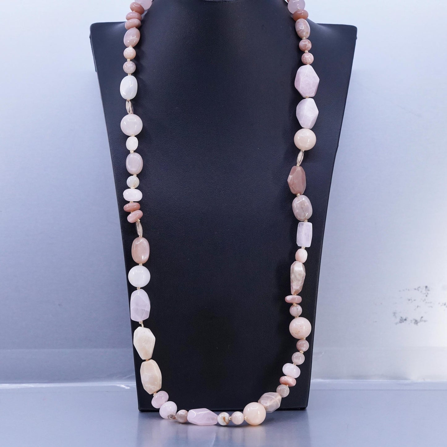 30", Pink Rose Quartz agate Beads necklace gold plated sterling 925 silver