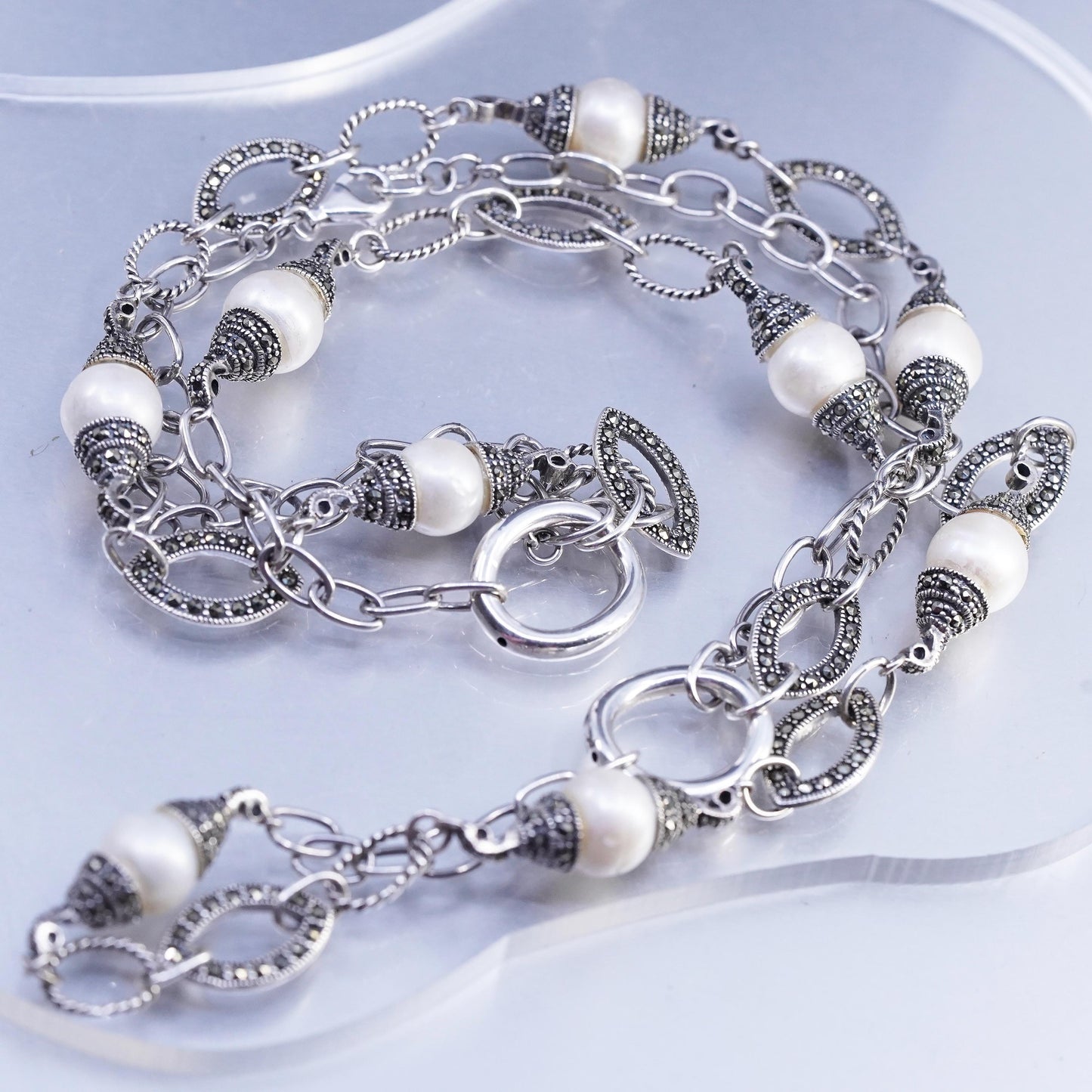 24", Sterling 925 silver double strands necklace double sided marcasite pearl