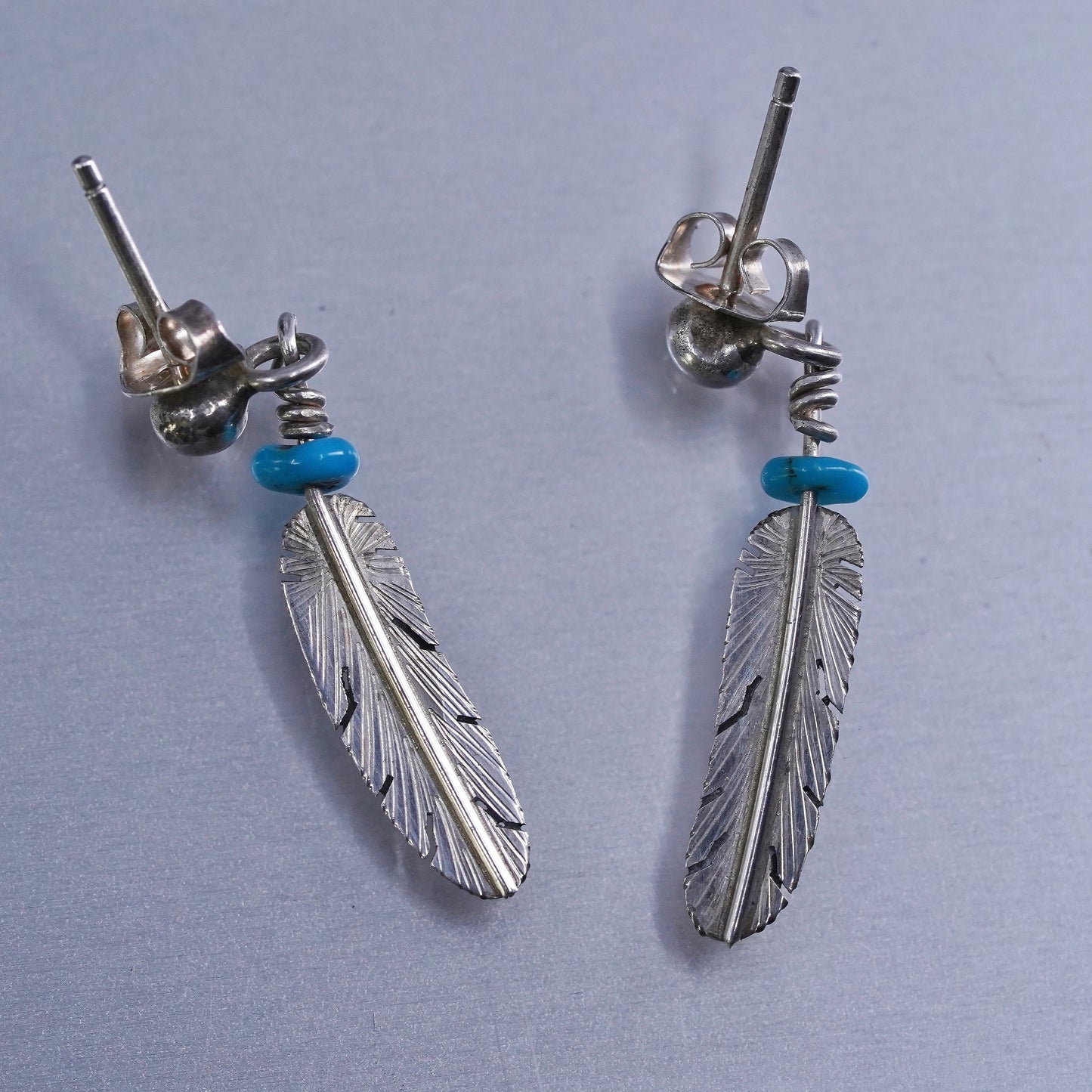 Navajo Native American Sterling 925 silver earrings turquoise feather dangles