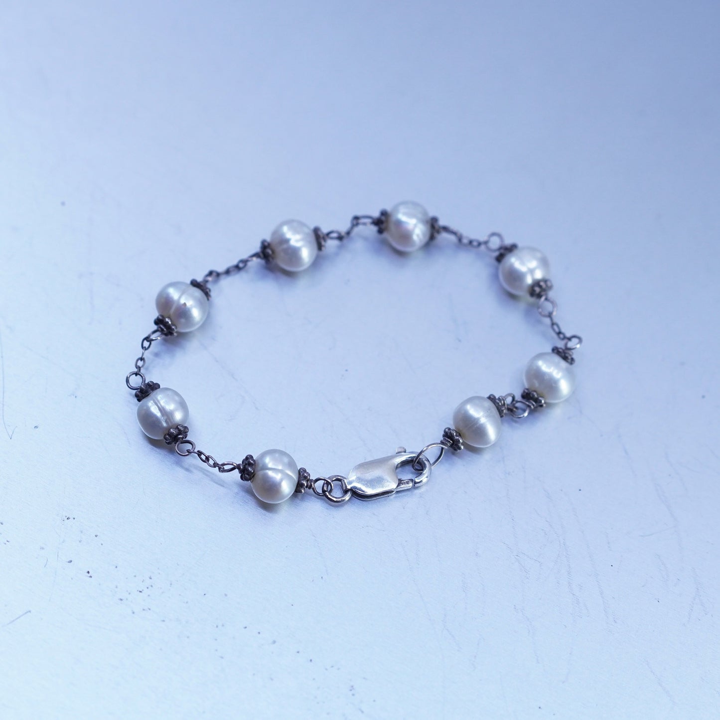 6.5”, vintage Sterling 925 silver bracelet with freshwater pearl
