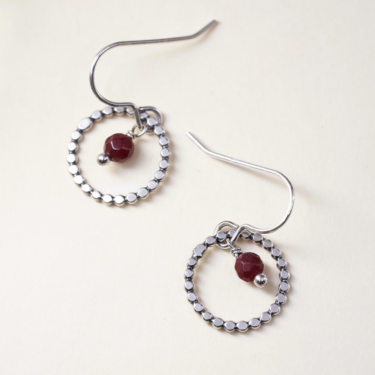 Vintage Sterling silver handmade earrings, 925 circle with Indian ruby
