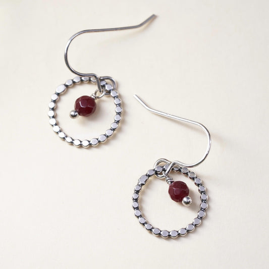 Vintage Sterling silver handmade earrings, 925 circle with Indian ruby