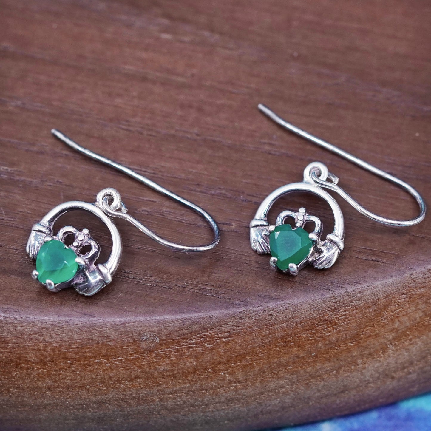 Vintage Sterling 925 silver handmade heart claddagh earrings with emerald heart