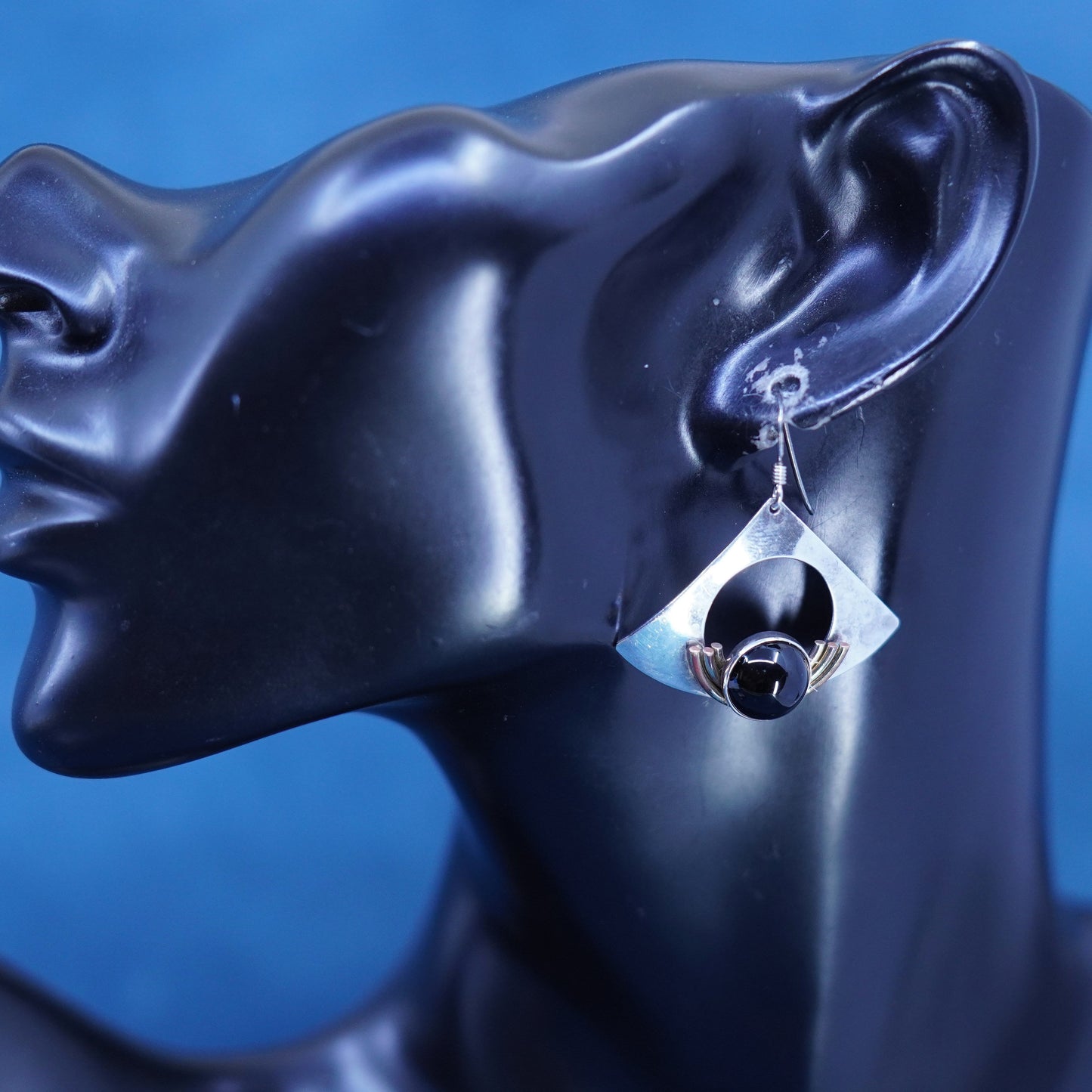 PJP gold filled sterling silver drop earrings, modern 925 disc with black onyx