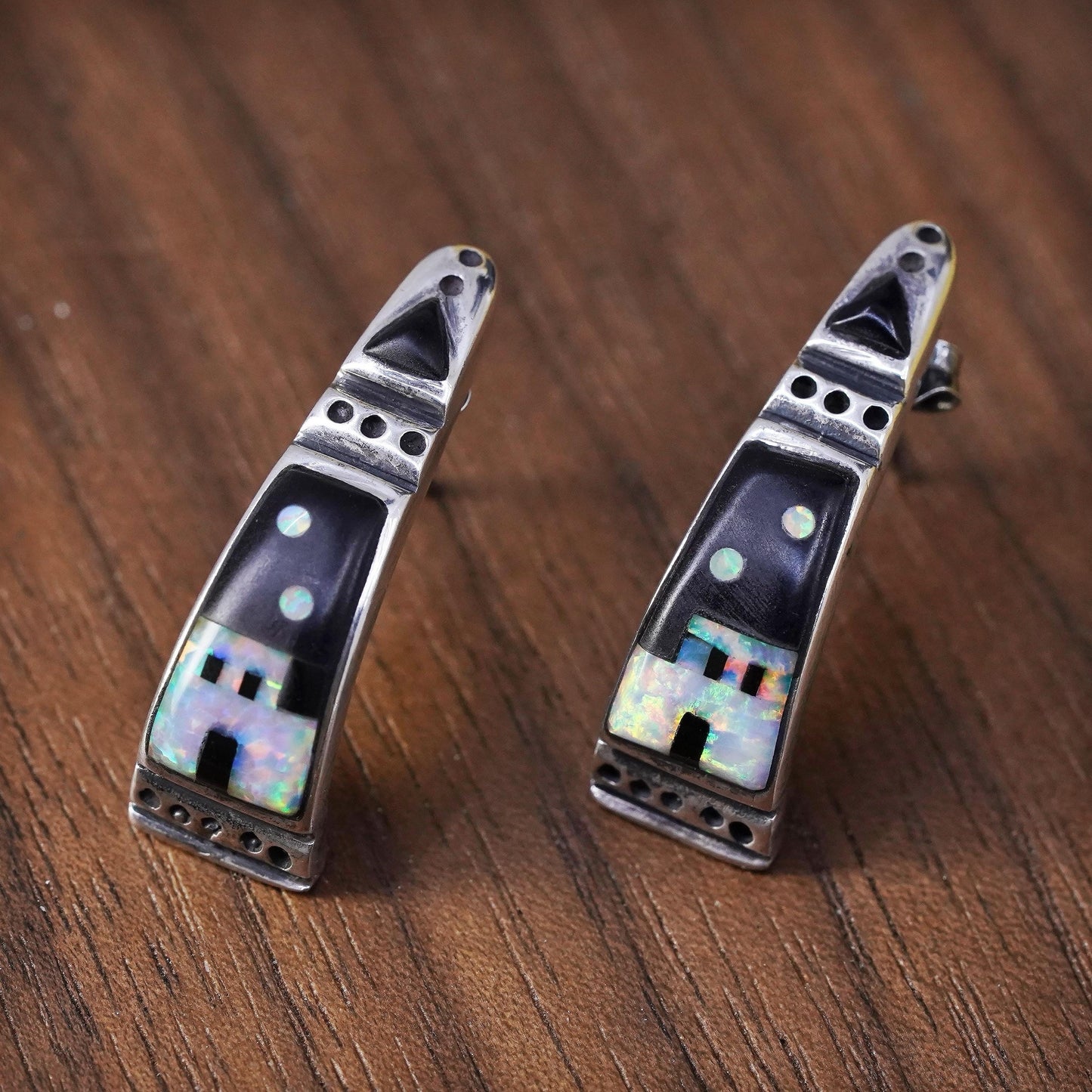 Native American Sterling 925 silver zuni huggie studs earrings with onyx opal