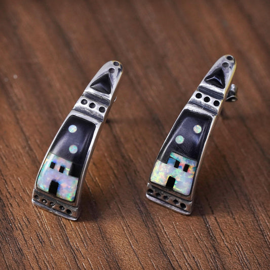Native American Sterling 925 silver zuni huggie studs earrings with onyx opal