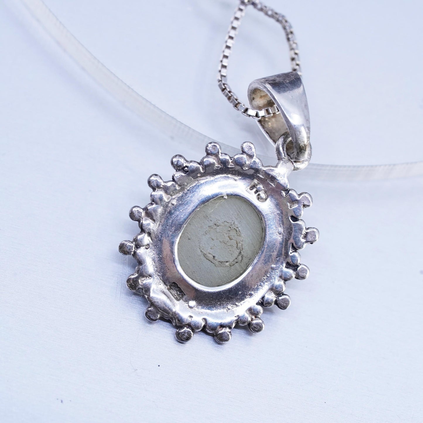 18", vintage Sterling 925 silver box chain necklace with jade pendant