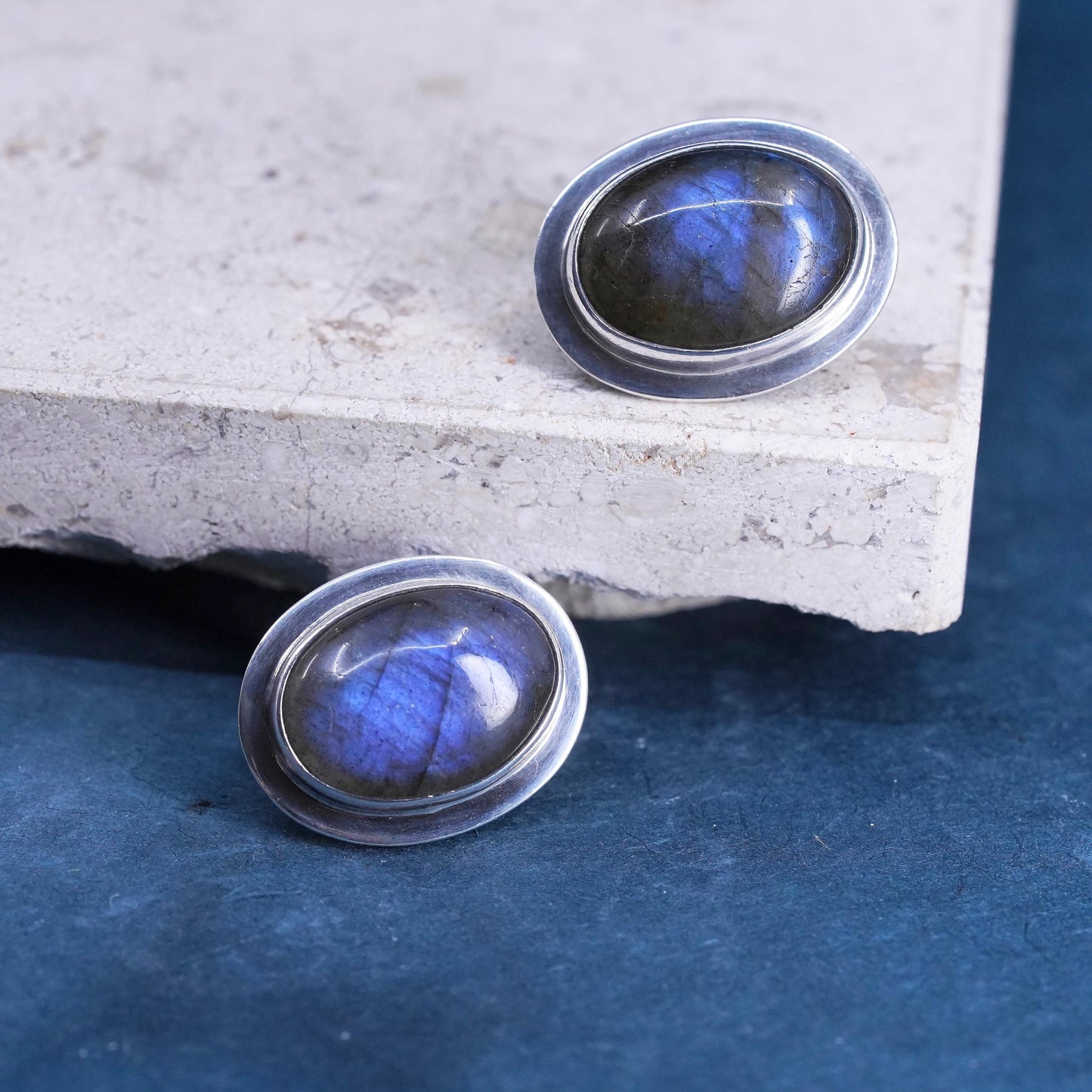 Vintage Mexican sterling silver handmade earrings, 925 oval studs labradorite