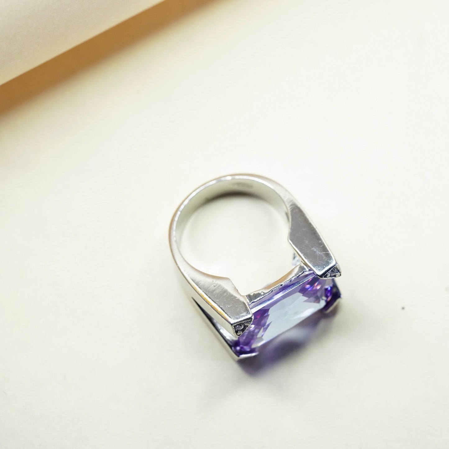 Size 6, vintage Sterling silver cocktail ring, 925 with amethyst and Cz details