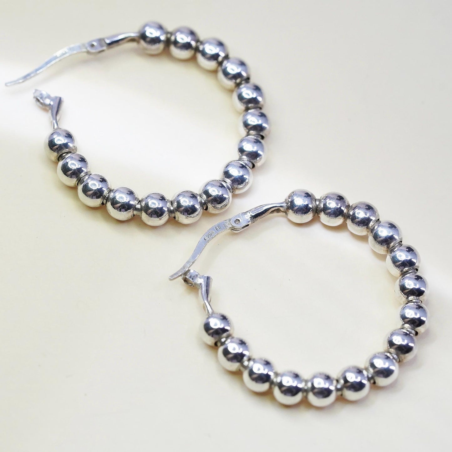 1.25”, Vintage sterling 925 silver loop handmade earrings, beaded hoops
